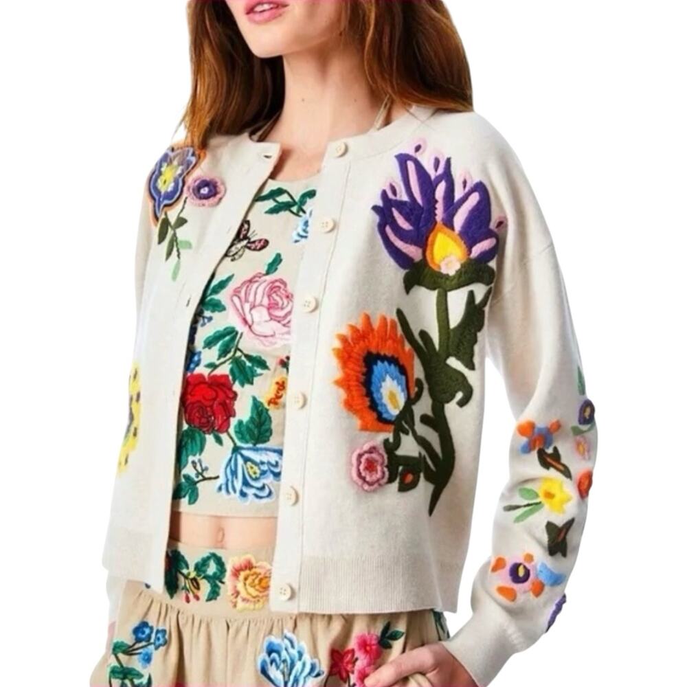 Alice + Olivia Lelia Floral Embroidered Cardigan Sand Multi Cotton Blend Small